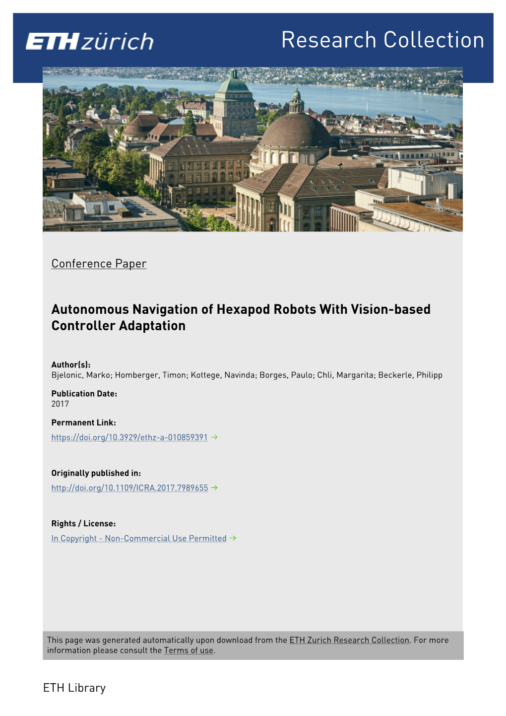 Autonomous Navigation of Hexapod Robots with Vision-Based Controller Adaptation