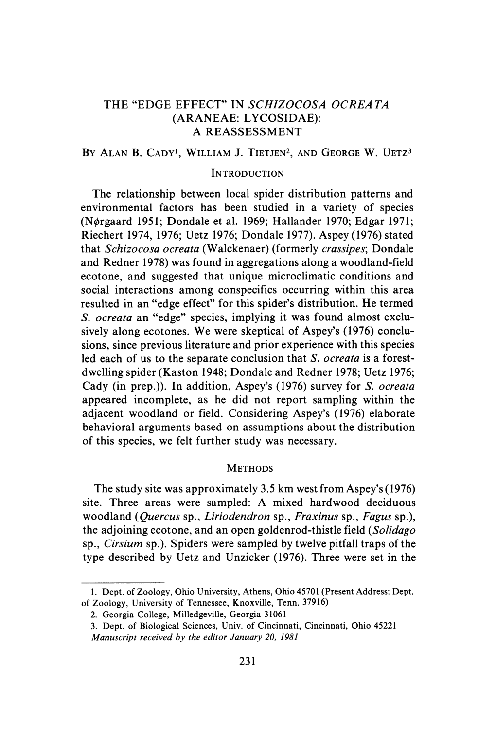 In Schizocosa Ocreata (Araneae: Lycosidae): a Reassessment by Alan B