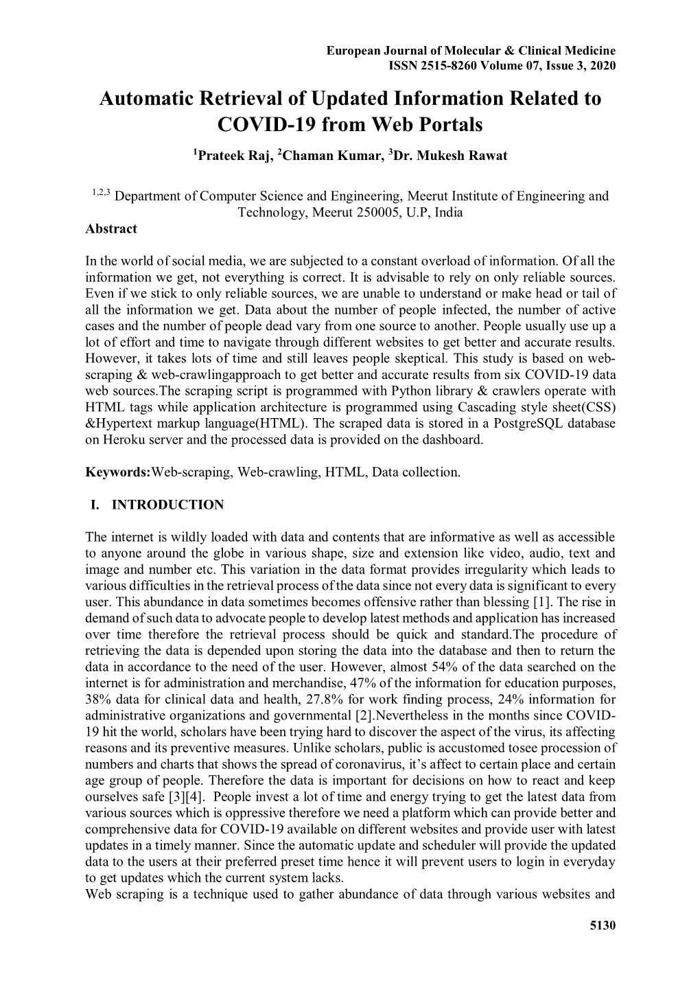 Automatic Retrieval of Updated Information Related to COVID-19 from Web Portals 1Prateek Raj, 2Chaman Kumar, 3Dr