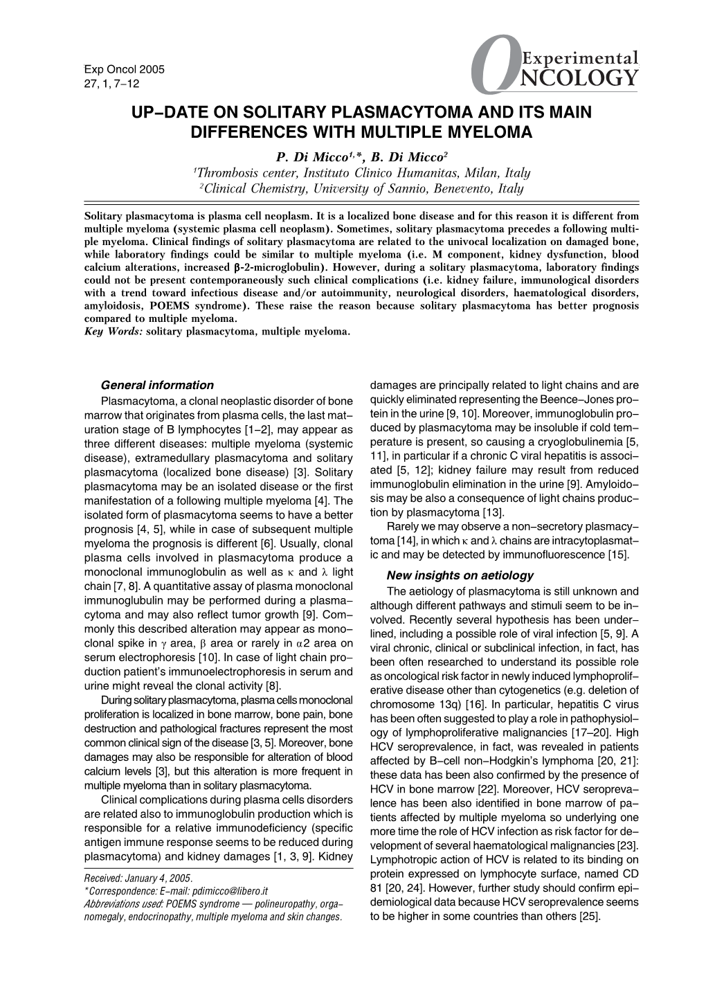 Up-Date on Solitary Plasmacytoma and Its Main Differences with Multiple Myeloma P