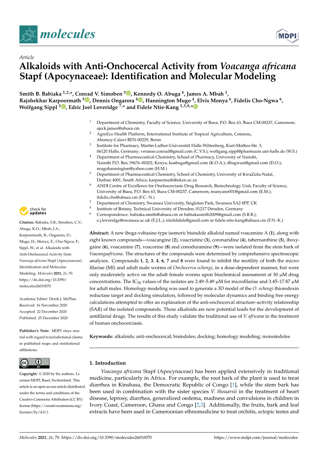 Alkaloids with Anti-Onchocercal Activity from Voacanga Africana Stapf (Apocynaceae): Identification and Molecular Modeling