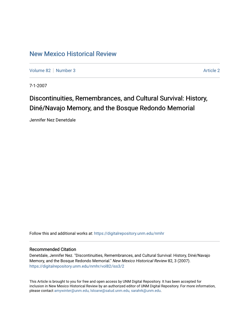 History, Dinã©/Navajo Memory, and the Bosque Redondo Memorial