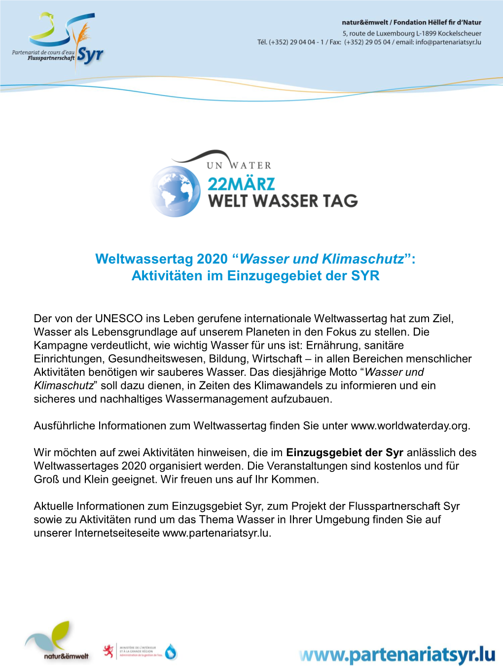 Weltwassertag 2020 “Wasser Und Klimaschutz”: Aktivitäten Im Einzugegebiet Der SYR