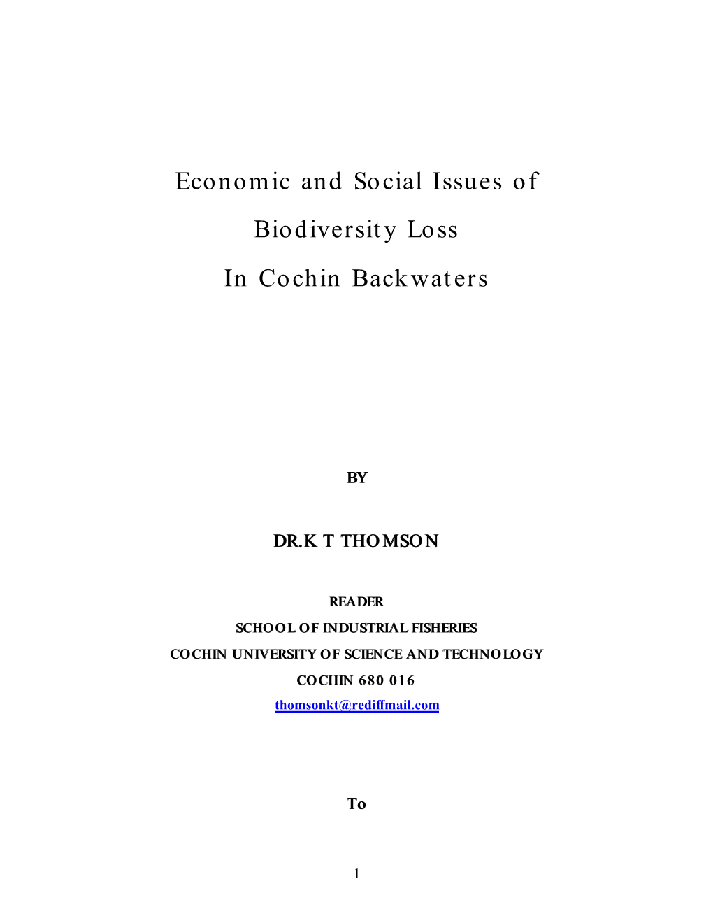 Economic and Social Issues of Biodiversity Loss in Cochin Backwaters