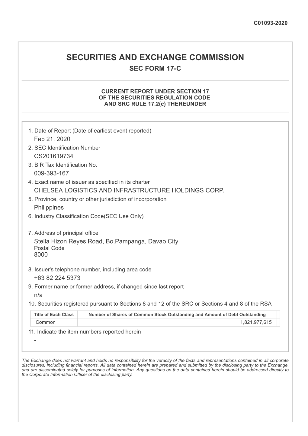 Securities and Exchange Commission Sec Form 17-C