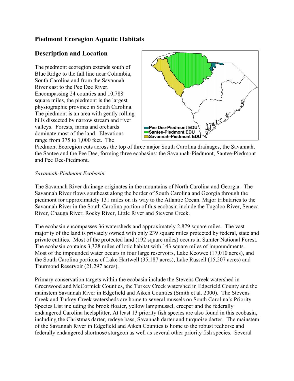 Piedmont Ecoregion Aquatic Habitats