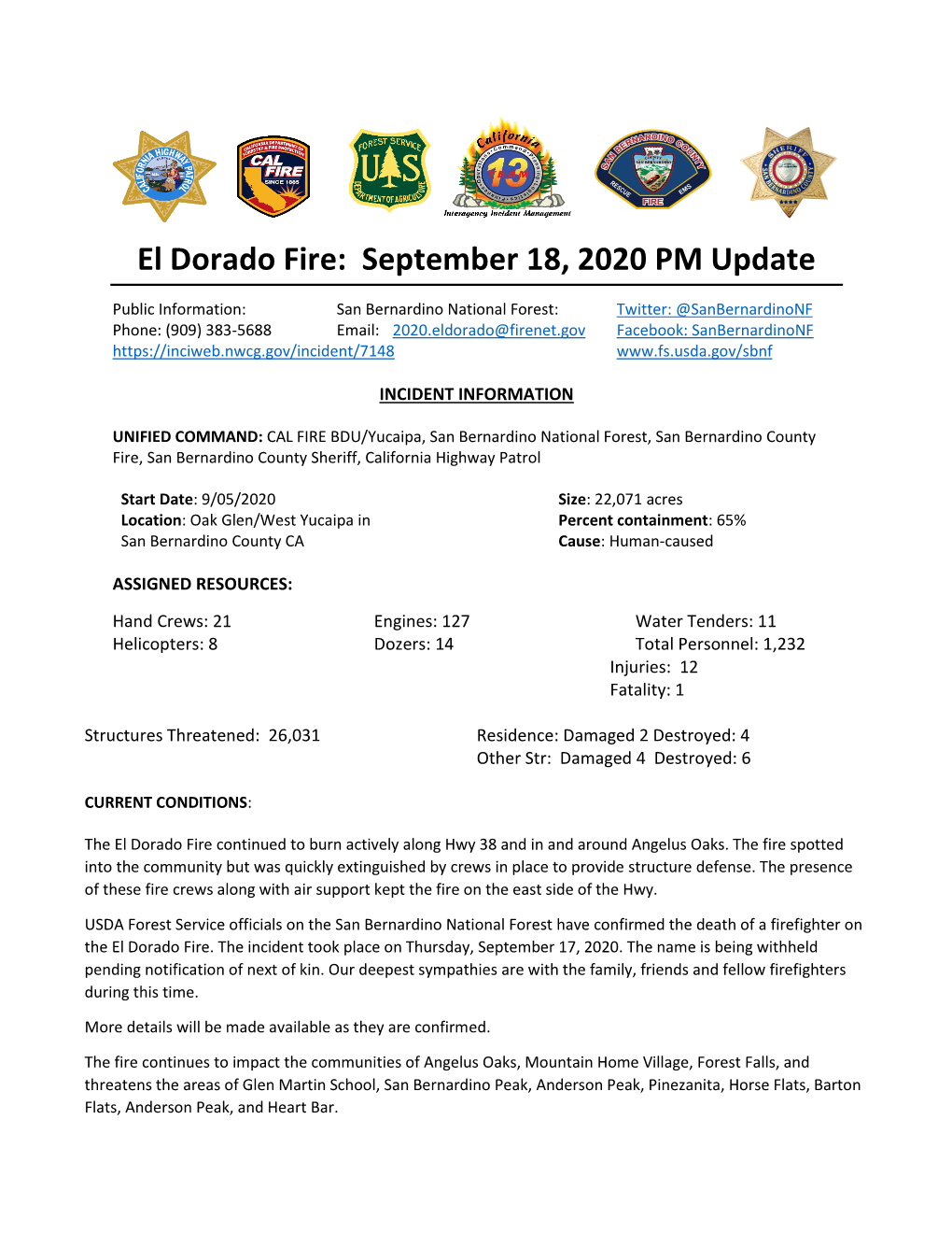 El Dorado Fire: September 18, 2020 PM Update