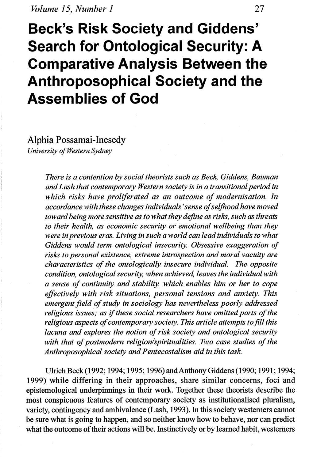 Beck's Risk Society and Giddens' Search for Ontological Security: a Comparative Analysis Between the Anthroposophical Society and the Assemblies of God