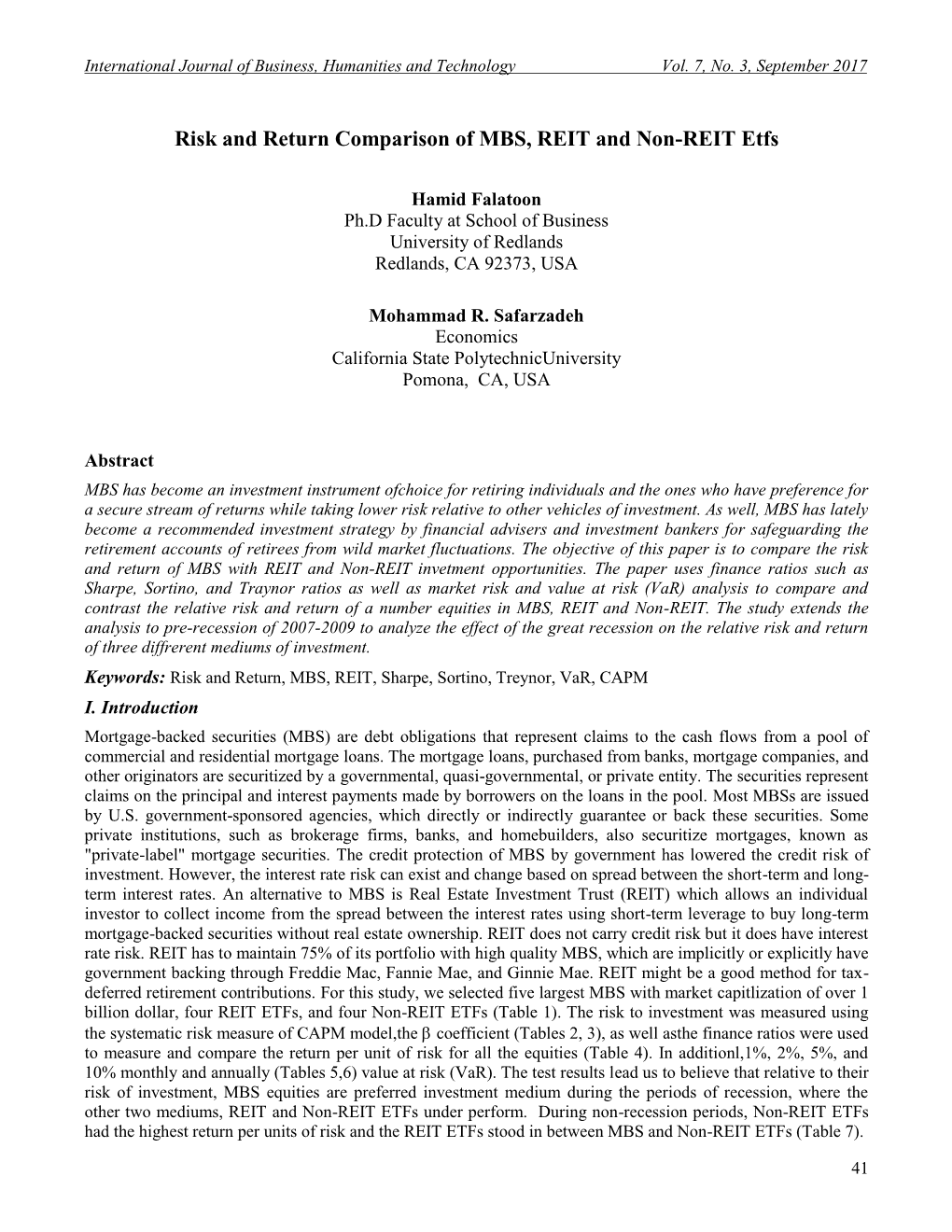 Risk and Return Comparison of MBS, REIT and Non-REIT Etfs