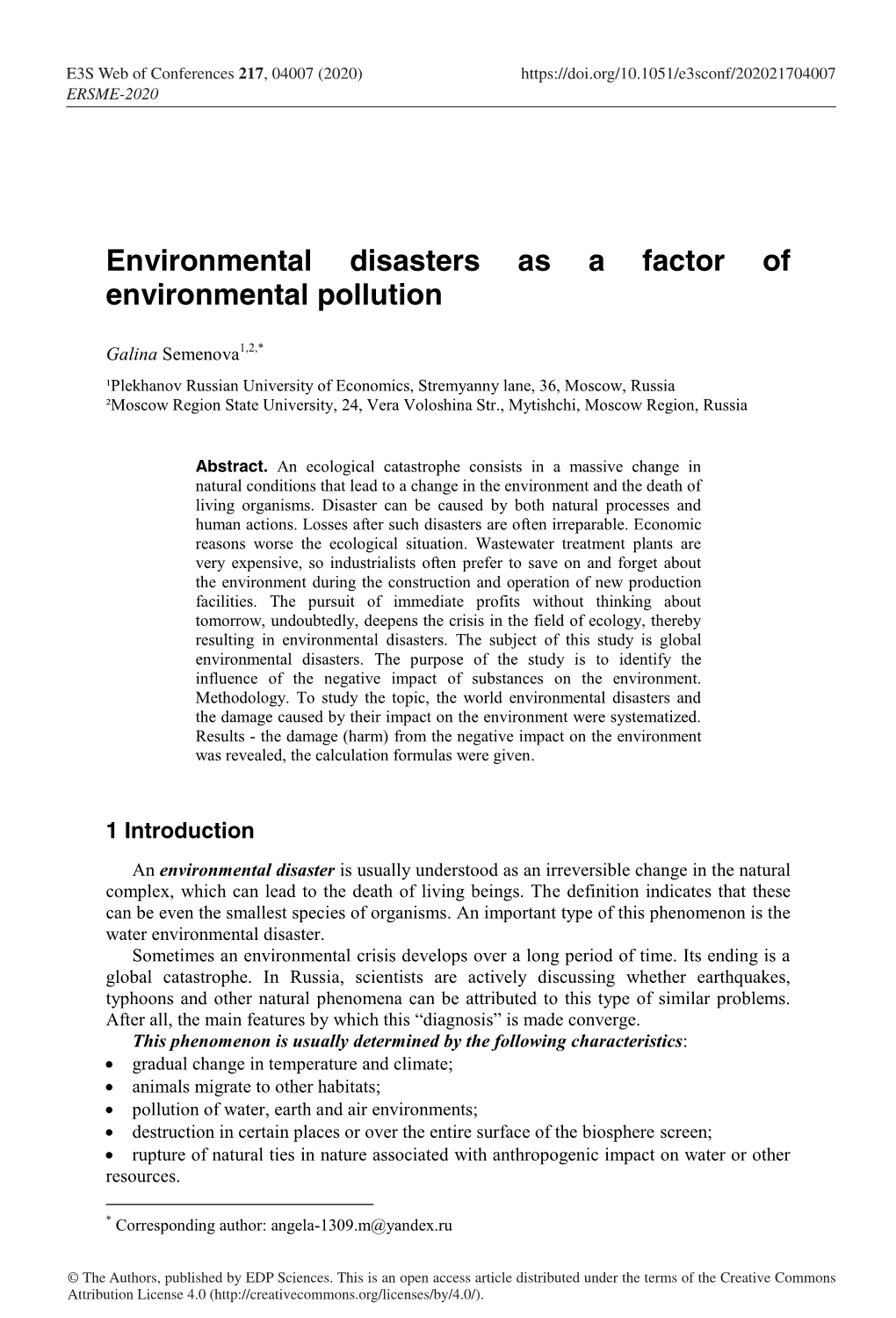 Environmental Disasters As a Factor of Environmental Pollution