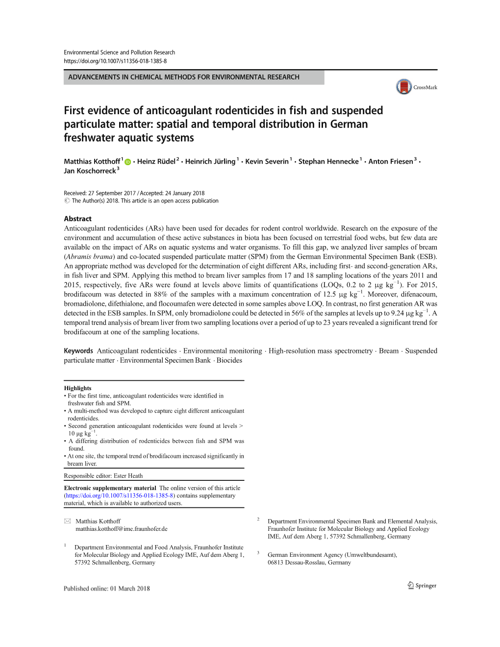 First Evidence of Anticoagulant Rodenticides in Fish in German