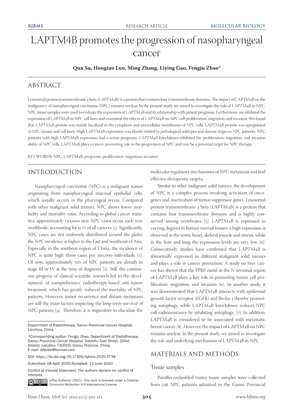 LAPTM4B Promotes the Progression of Nasopharyngeal Cancer