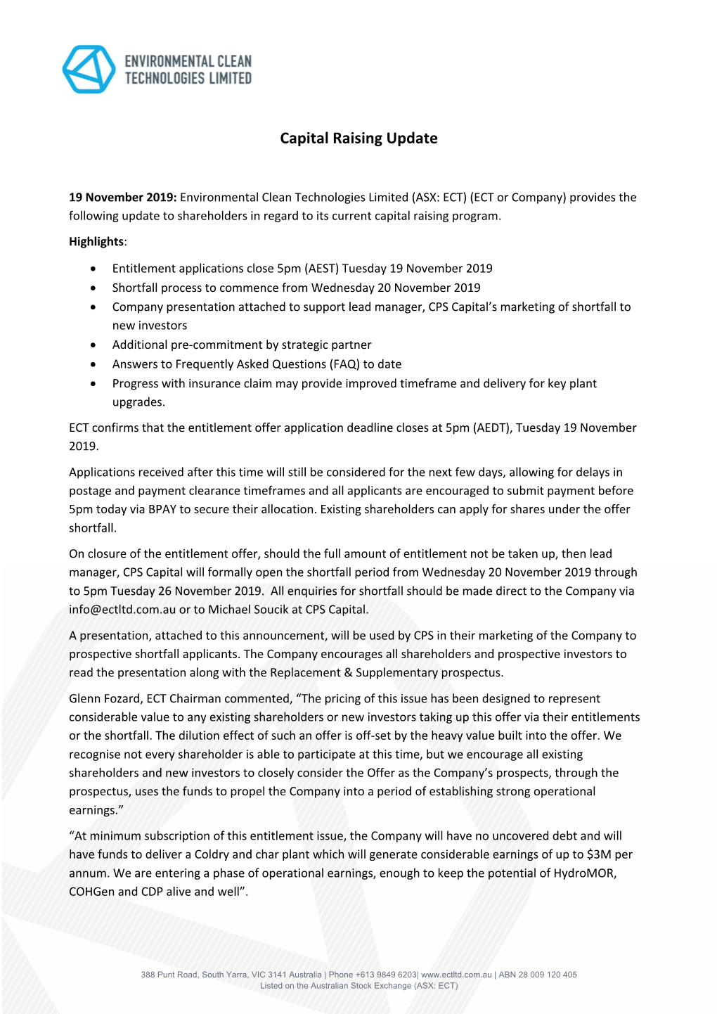 191119-Asx-Capital Raising Update-Final