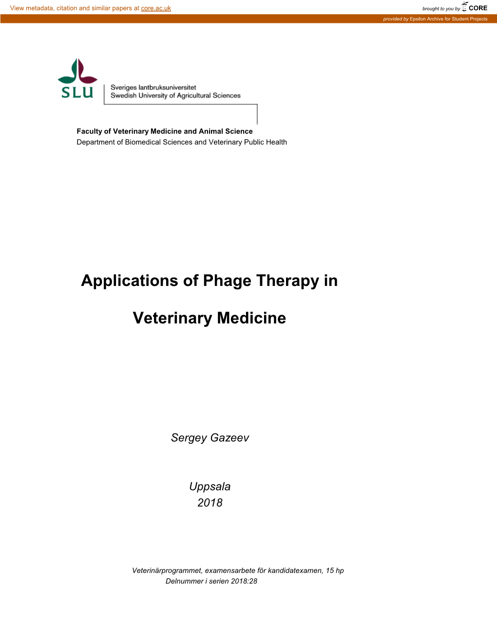 Applications of Phage Therapy in Veterinary Medicine