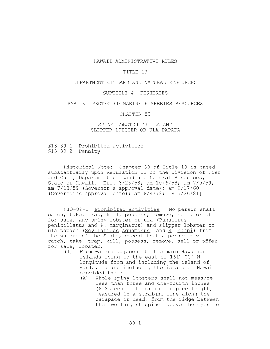 Hawaii Administrative Rules Title 13 Department of Land