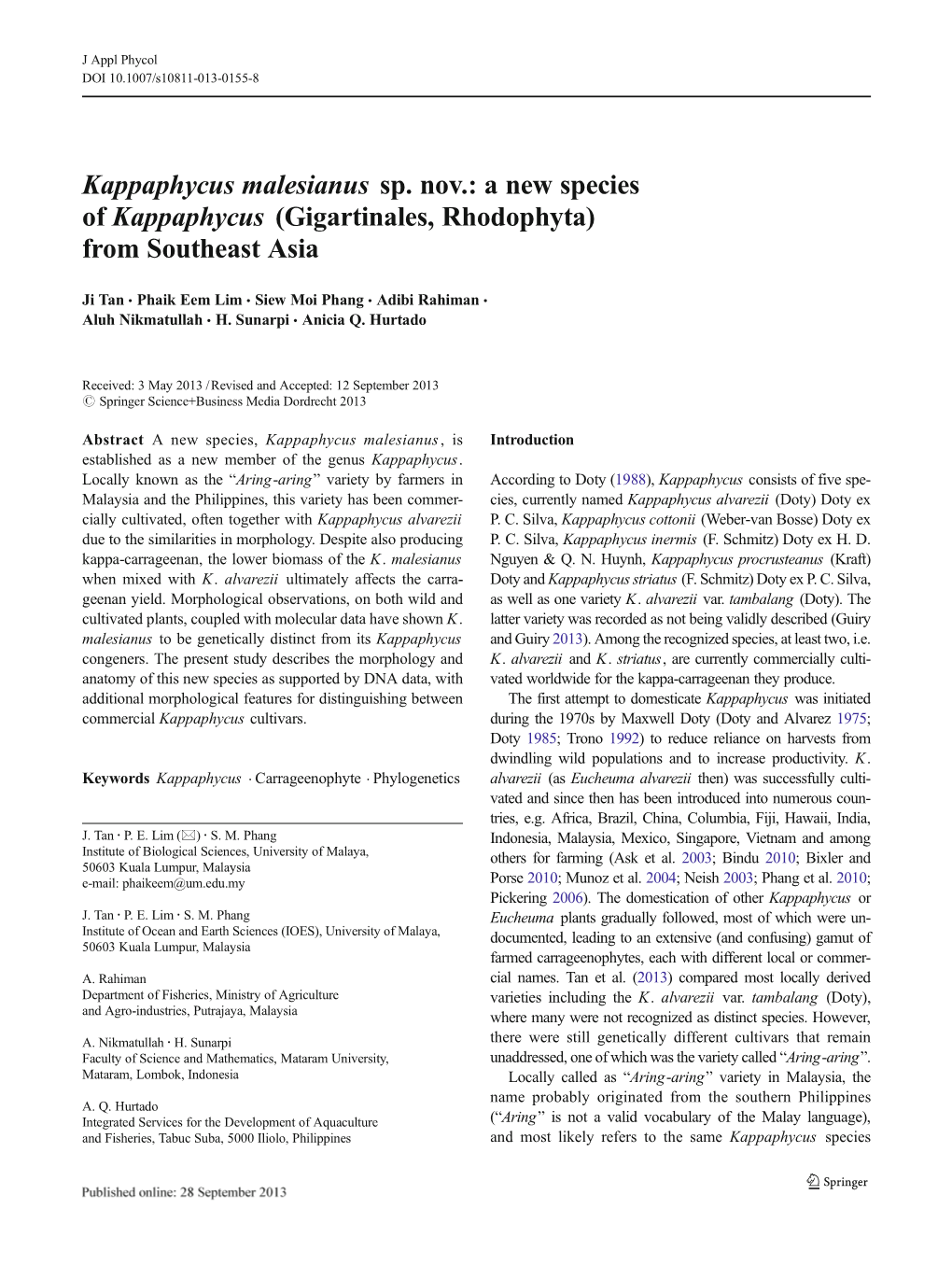 Kappaphycus Malesianus Sp. Nov.: a New Species of Kappaphycus (Gigartinales, Rhodophyta) from Southeast Asia