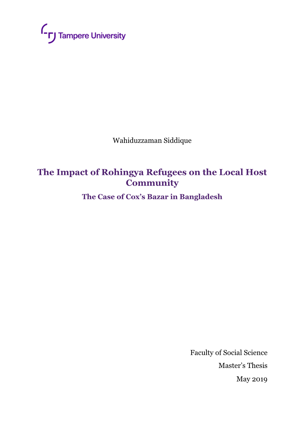 The Impact of Rohingya Refugees on the Local Host Community the Case of Cox’S Bazar in Bangladesh