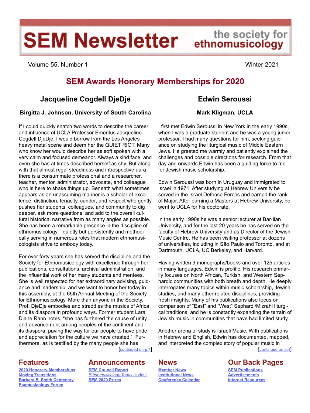 SEM Awards Honorary Memberships for 2020