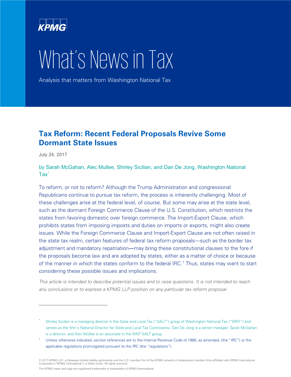 Tax Reform: Recent Federal Proposals Revive Some Dormant State Issues