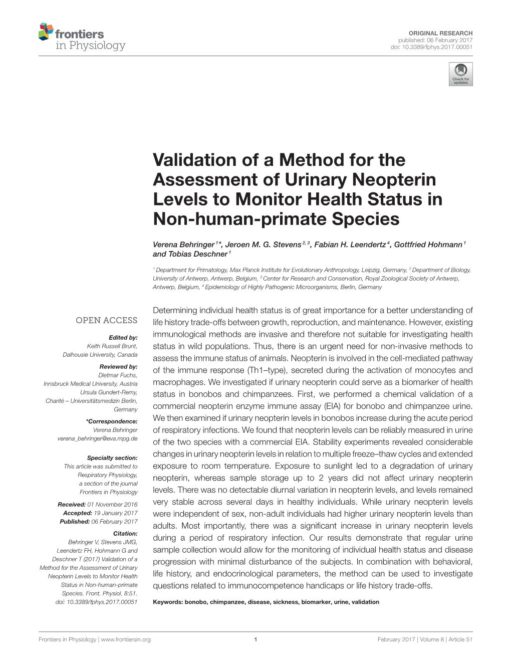 Validation of a Method for the Assessment of Urinary Neopterin Levels to Monitor Health Status in Non-Human-Primate Species