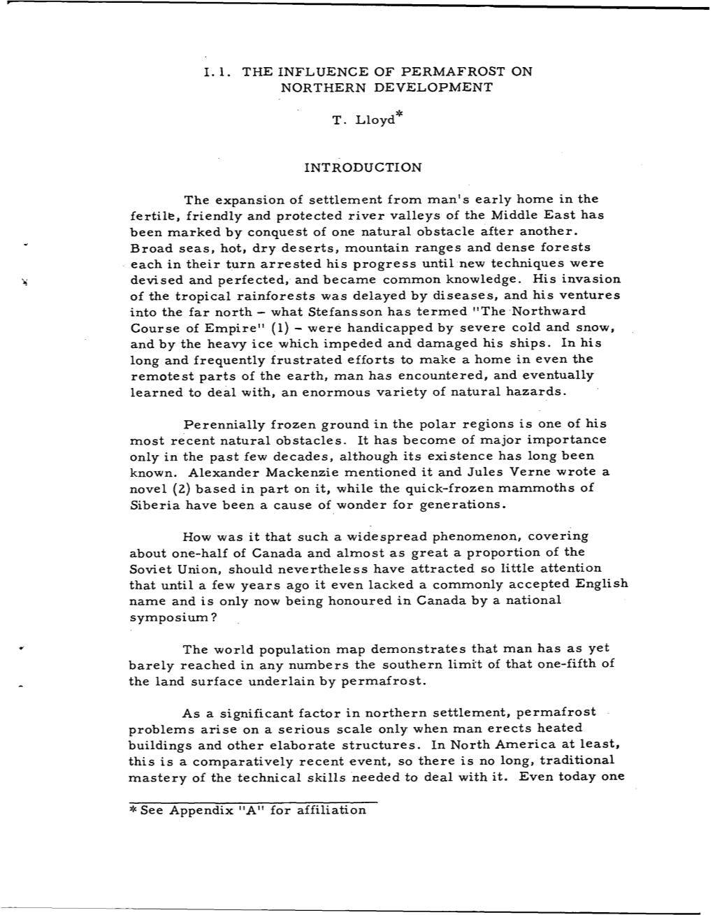 I. 1. the Influence of Permafrost on Northern Development