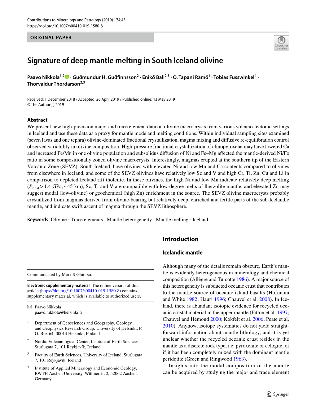 Signature of Deep Mantle Melting in South Iceland Olivine