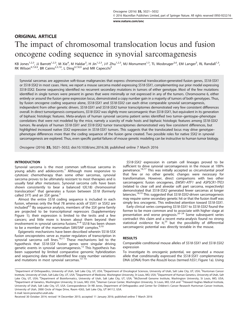 The Impact of Chromosomal Translocation Locus and Fusion Oncogene Coding Sequence in Synovial Sarcomagenesis