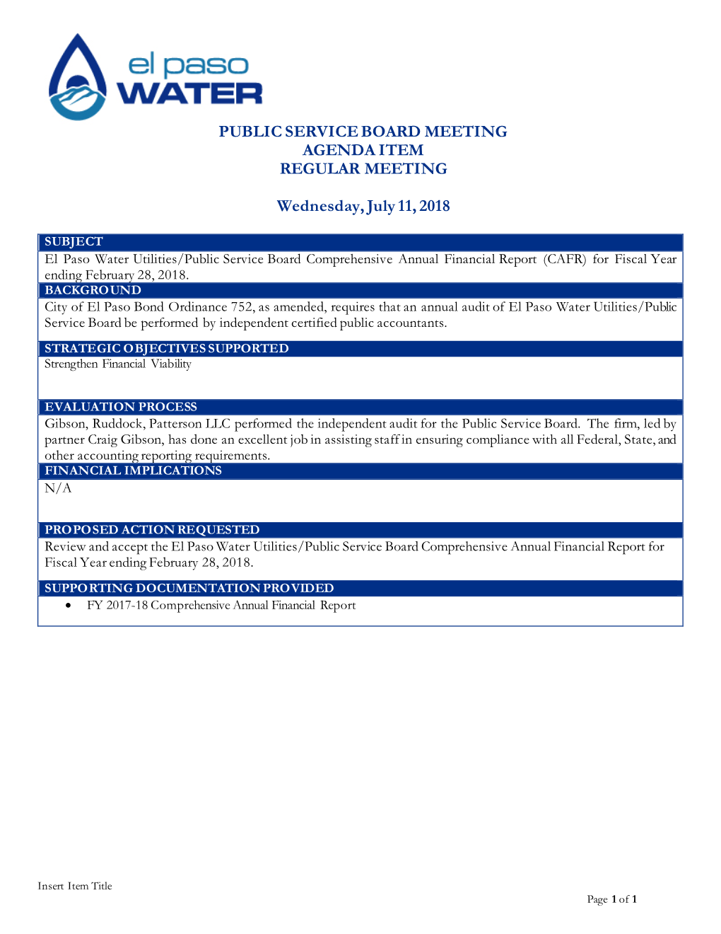 Public Service Board Meeting Agenda Item Regular Meeting