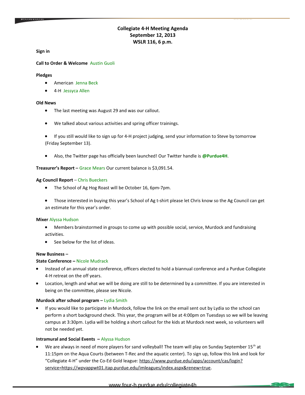 Collegiate 4-H Meeting Agenda