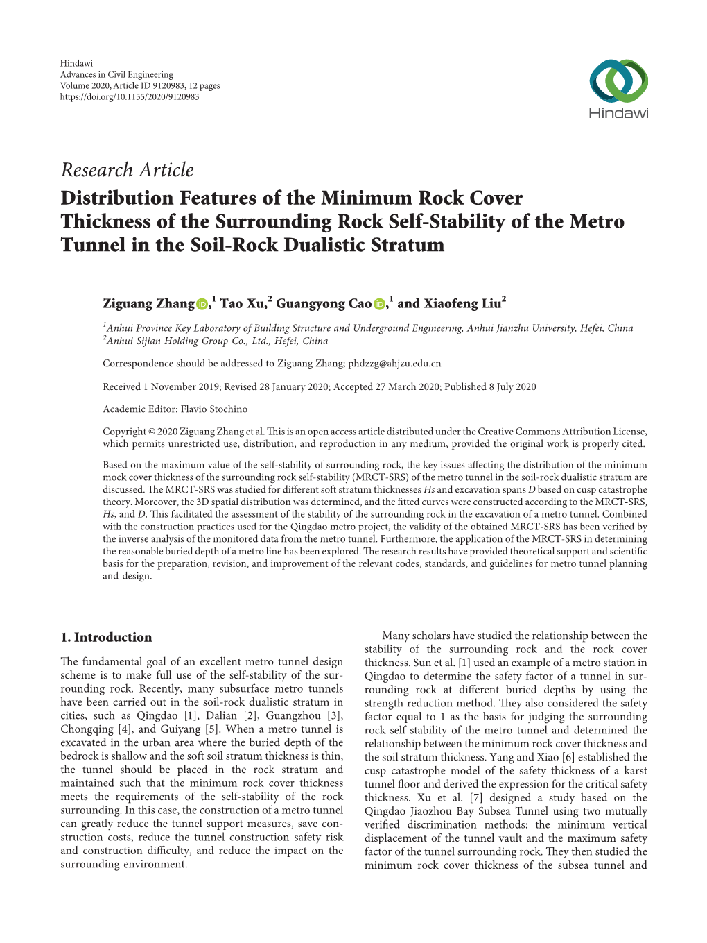 Distribution Features of the Minimum Rock Cover Thickness of the Surrounding Rock Self-Stability of the Metro Tunnel in the Soil-Rock Dualistic Stratum