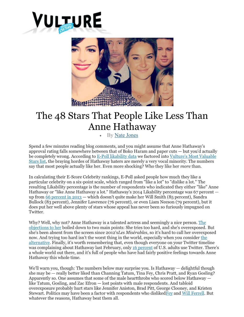 The 48 Stars That People Like Less Than Anne Hathaway  by Nate Jones