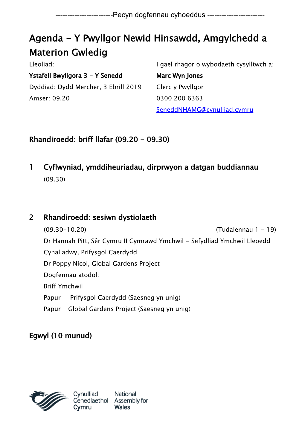 Agenda Dogfen I/Ar Gyfer Y Pwyllgor Newid Hinsawdd, Amgylchedd A