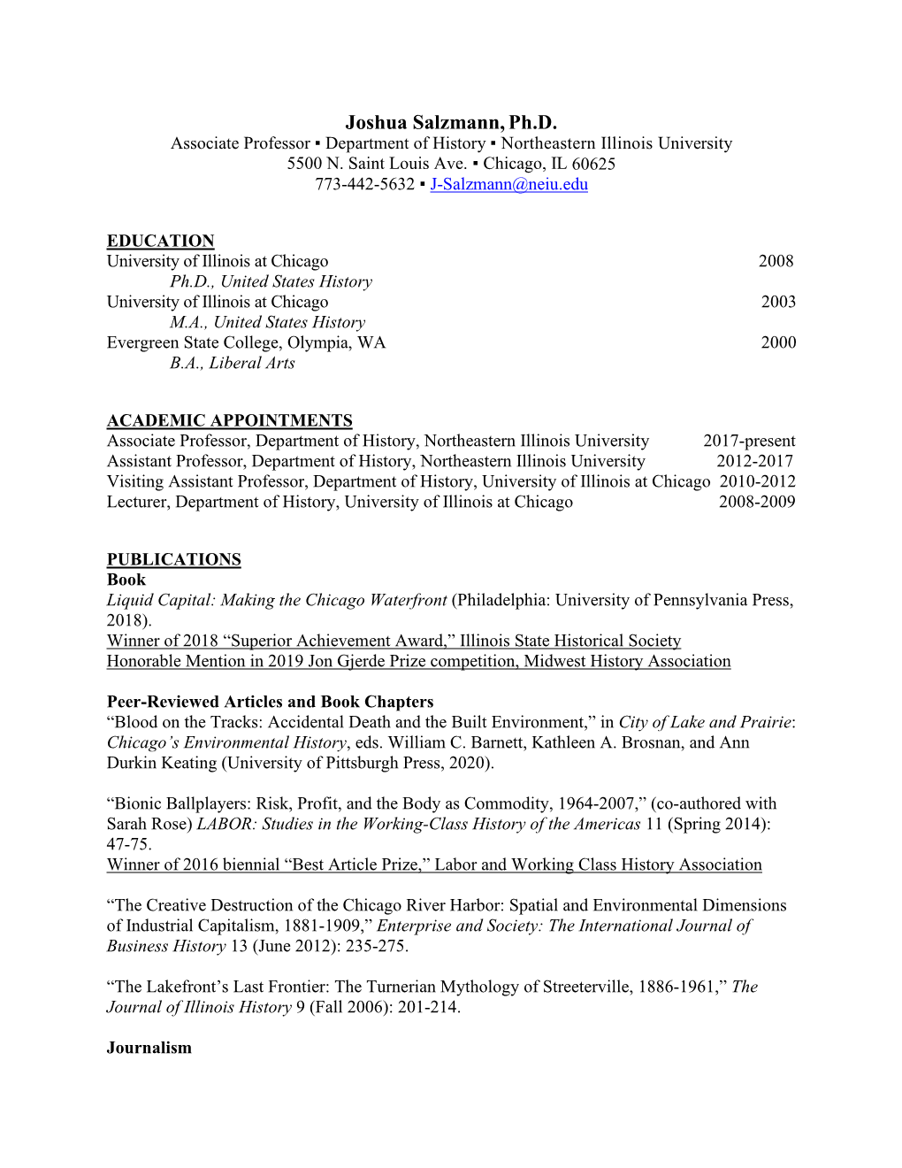 Joshua Salzmann, Ph.D. Associate Professor ▪ Department of History ▪ Northeastern Illinois University 5500 N