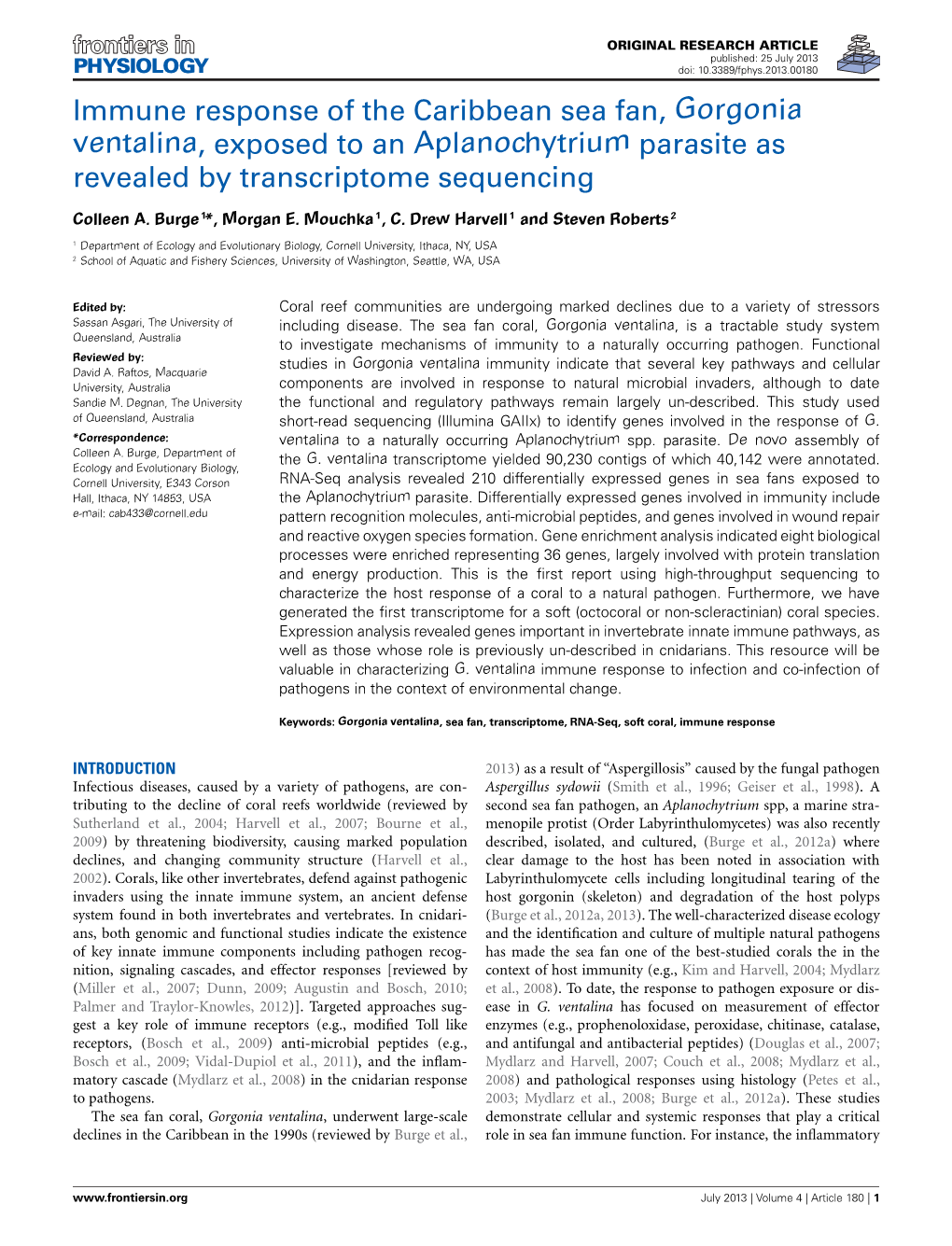 Immune Response of the Caribbean Sea Fan, Gorgonia Ventalina, Exposed to an Aplanochytrium Parasite As Revealed by Transcriptome Sequencing