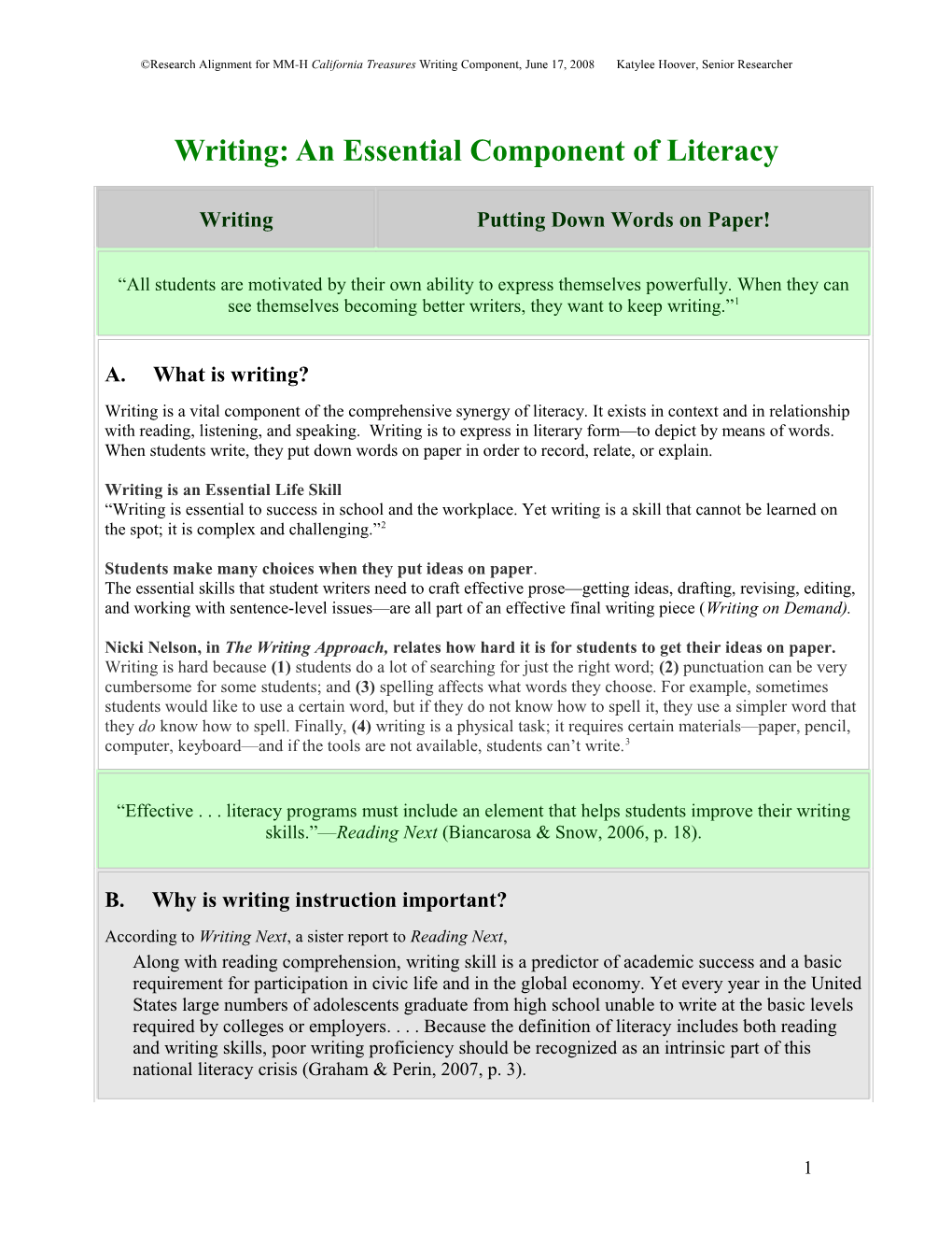 Writing: an Essential Component of Literacy