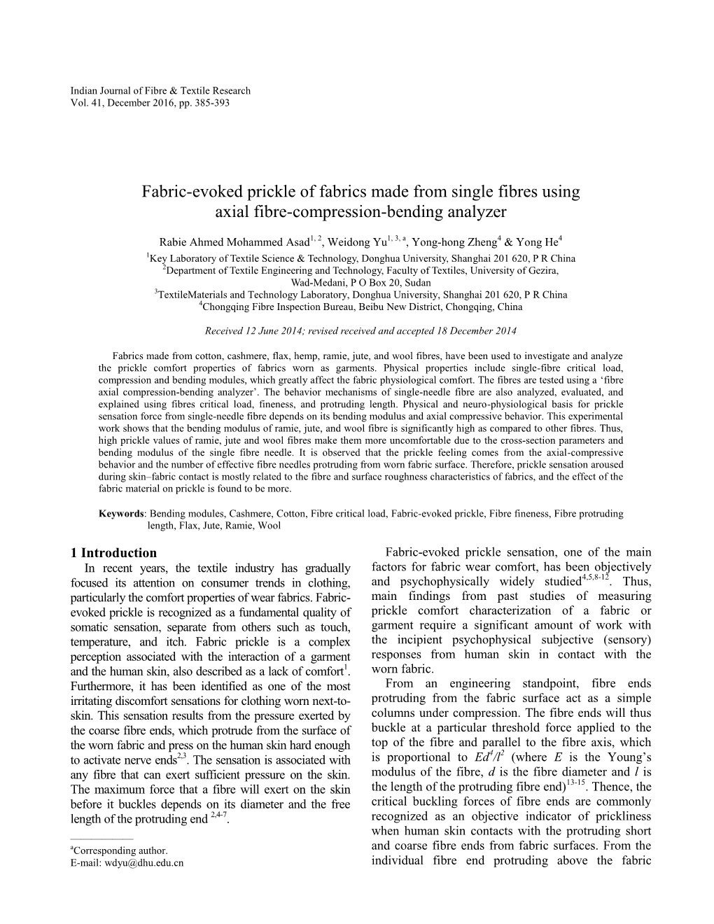 Fabric-Evoked Prickle of Fabrics Made from Single Fibres Using Axial Fibre-Compression-Bending Analyzer