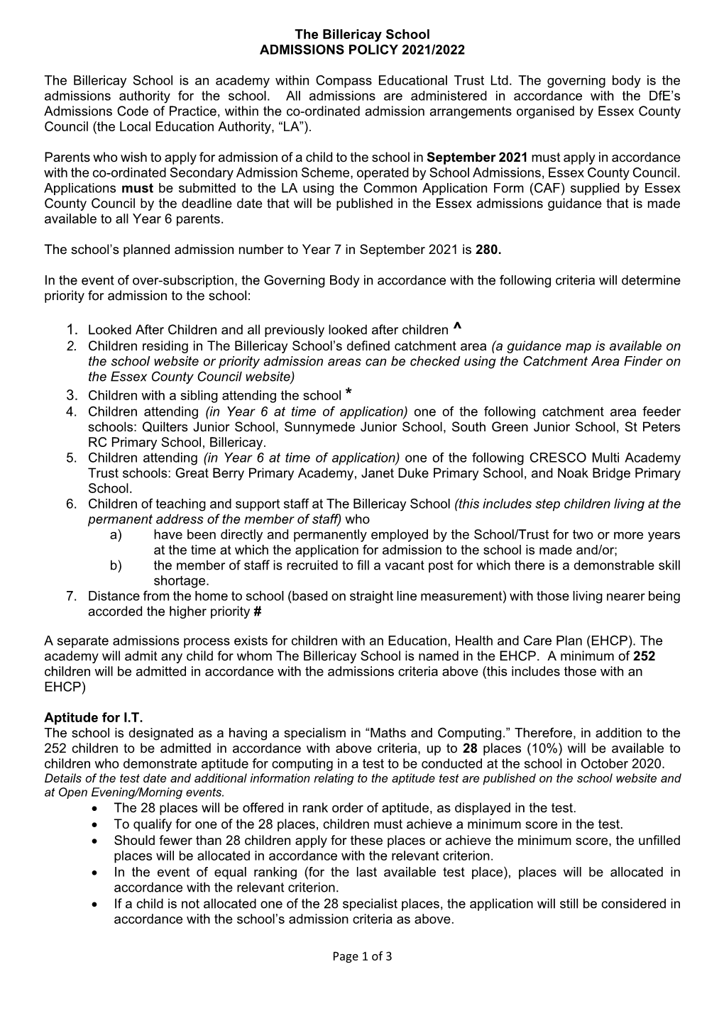 Page 1 of 3 the Billericay School ADMISSIONS POLICY 2021/2022