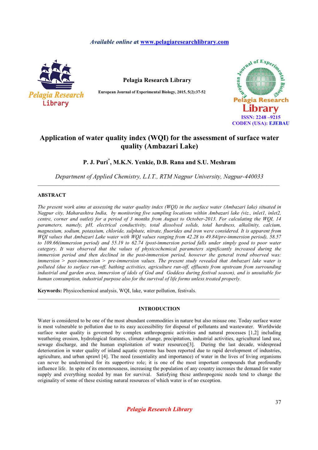 WQI) for the Assessment of Surface Water Quality (Ambazari Lake