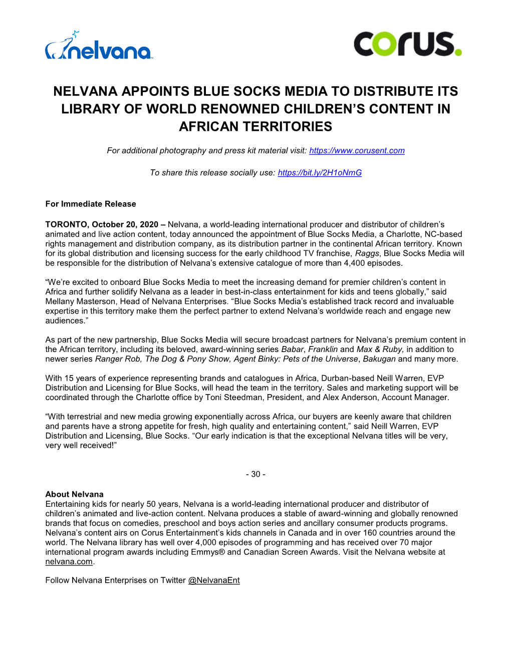 Nelvana Appoints Blue Socks Media to Distribute Its Library of World Renowned Children’S Content in African Territories