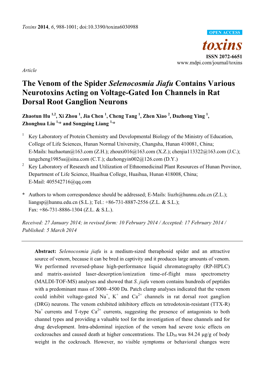 The Venom of the Spider Selenocosmia Jiafu Contains Various Neurotoxins Acting on Voltage-Gated Ion Channels in Rat Dorsal Root Ganglion Neurons