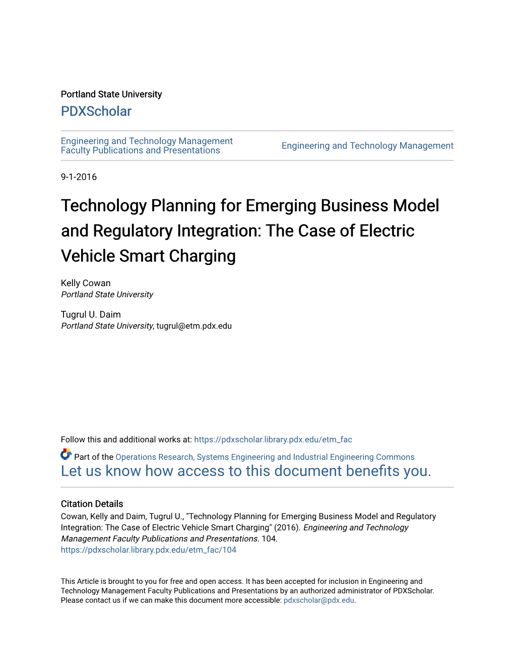 Technology Planning for Emerging Business Model and Regulatory Integration: the Case of Electric Vehicle Smart Charging