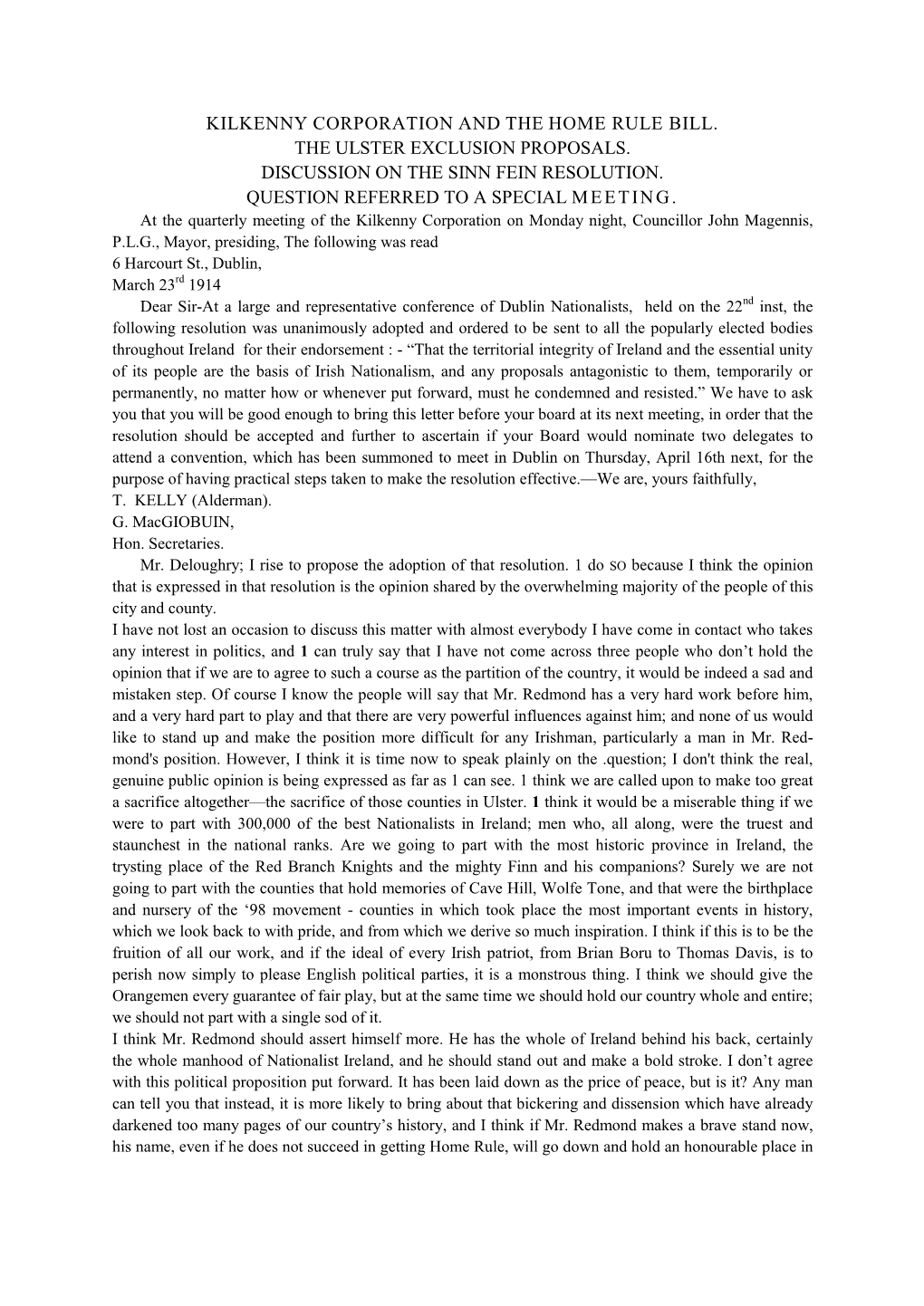 Kilkenny Corporation and the Home Rule Bill. the Ulster Exclusion Proposals. Discussion on the Sinn Fein Resolution. Question Referred to a Special Meeting