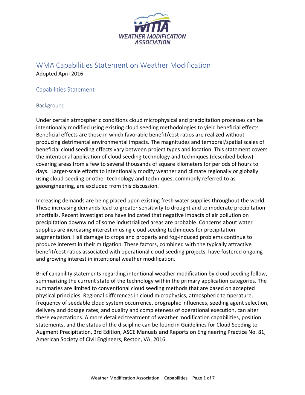 WMA Capabilities Statement on Weather Modification Adopted April 2016