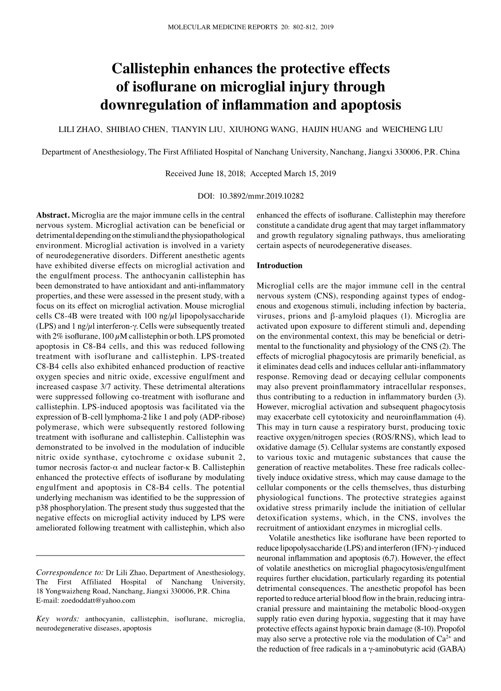 Callistephin Enhances the Protective Effects of Isoflurane on Microglial Injury Through Downregulation of Inflammation and Apoptosis