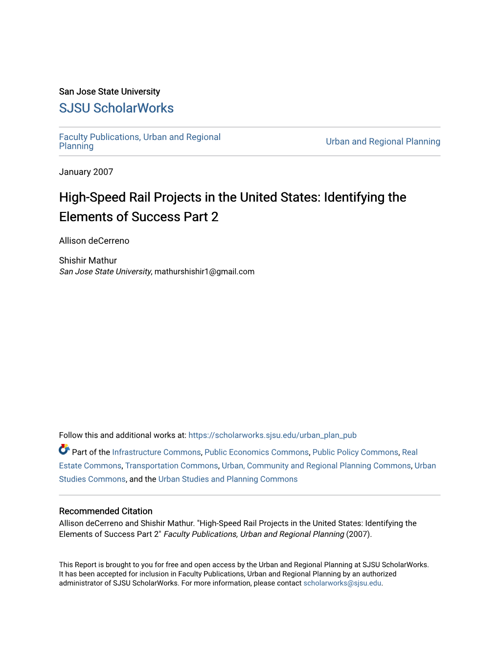 High-Speed Rail Projects in the United States: Identifying the Elements of Success Part 2