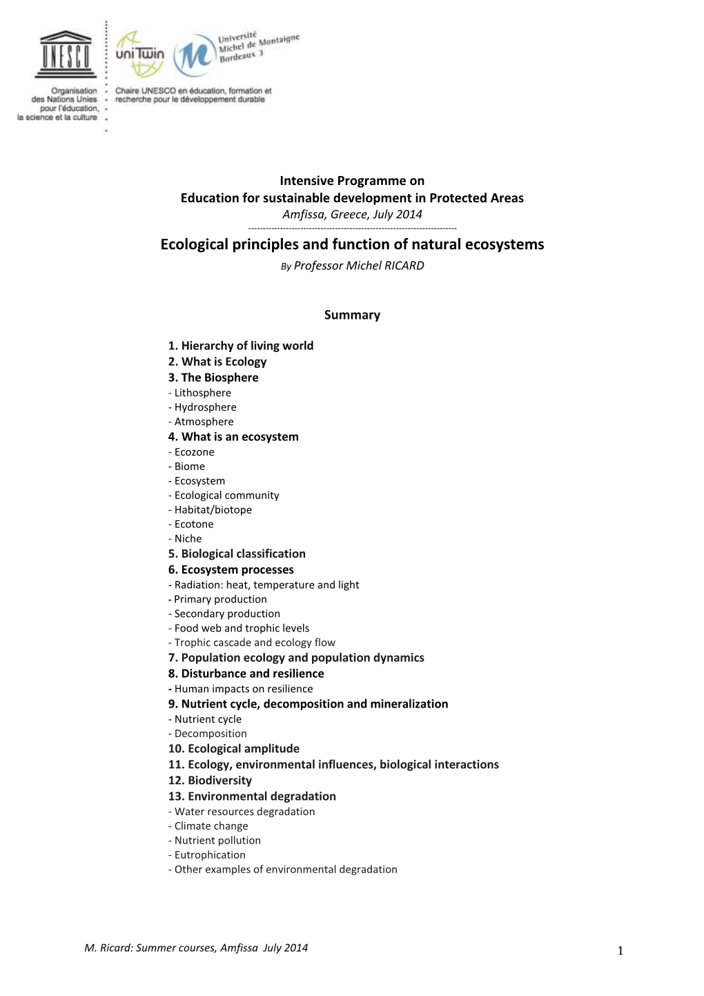 Ecological Principles and Function of Natural Ecosystems by Professor Michel RICARD