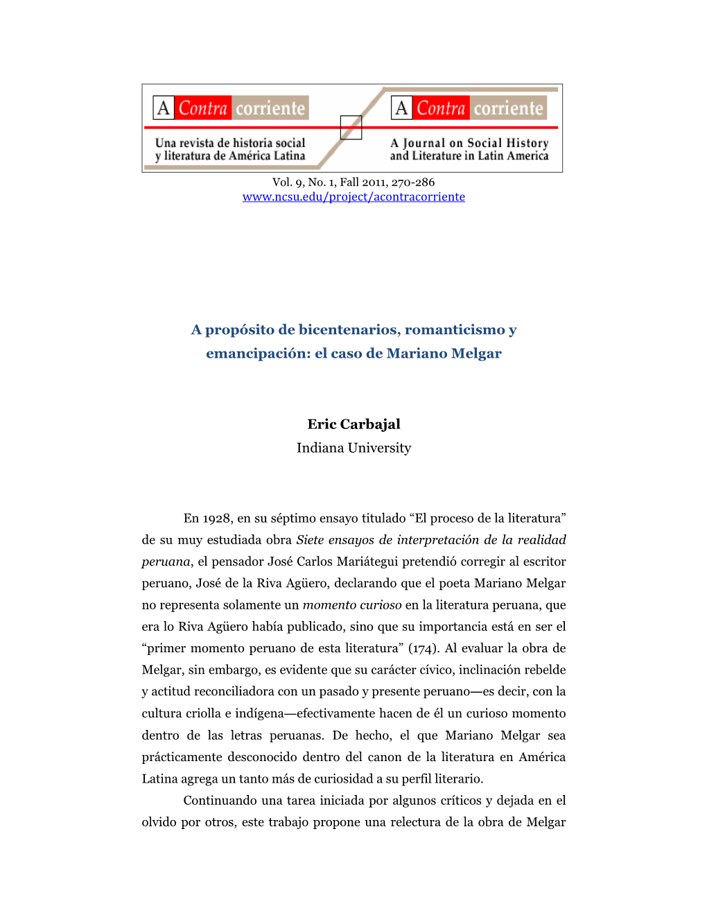 A Propósito De Bicentenarios, Romanticismo Y Emancipación: El Caso De Mariano Melgar