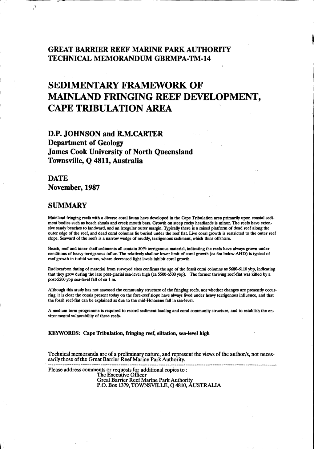 SEDIMENTARY FRAMEWORK of Lmainland FRINGING REEF DEVELOPMENT, CAPE TRIBULATION AREA