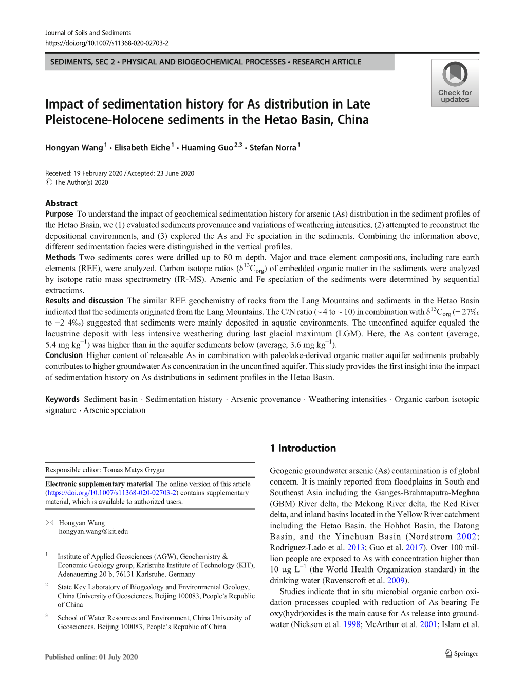 Impact of Sedimentation History for As Distribution in Late Pleistocene-Holocene Sediments in the Hetao Basin, China