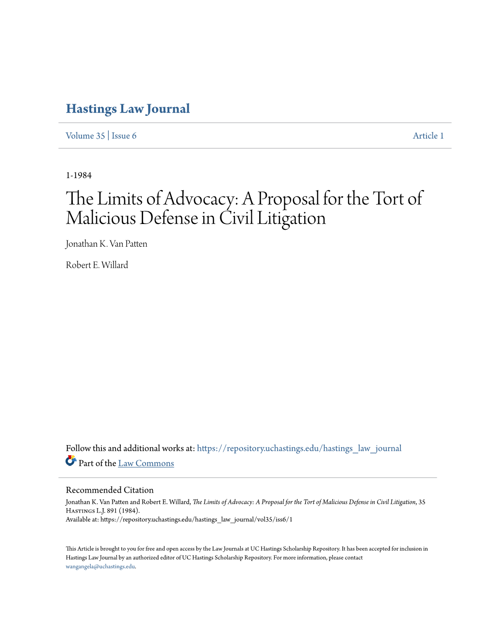 A Proposal for the Tort of Malicious Defense in Civil Litigation Jonathan K